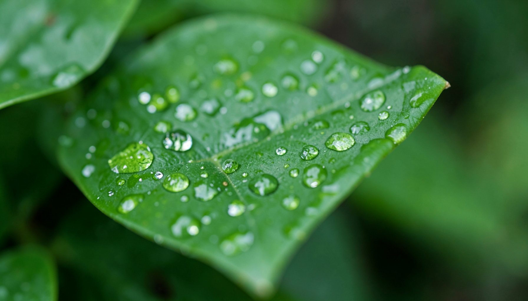 Feuille de plante verte photographiée en gros plan avec des gouttes d'eau, ambiance apaisante