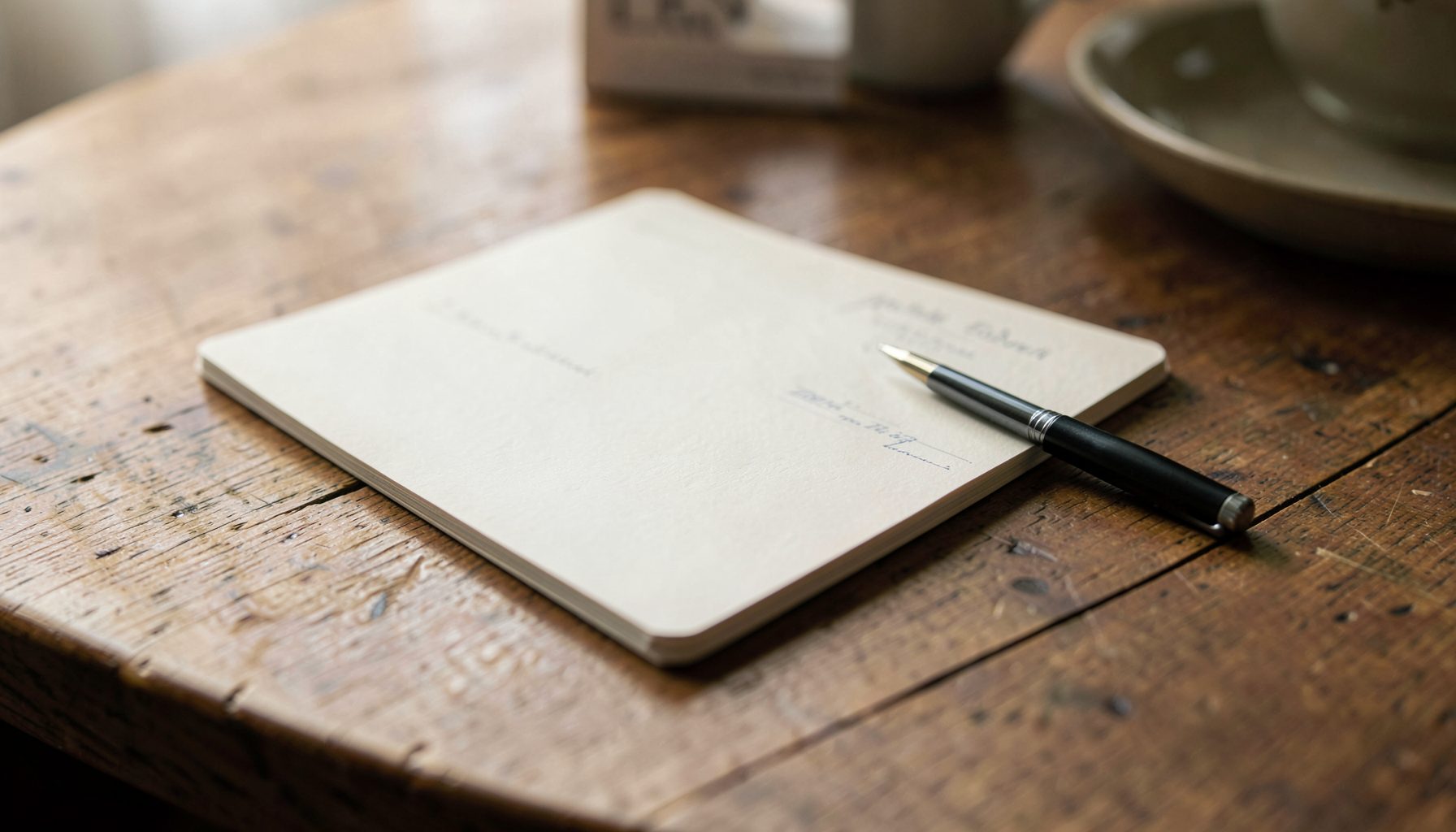 Carnet ouvert avec un stylo posé dessus sur une table en bois, ambiance intime et douce