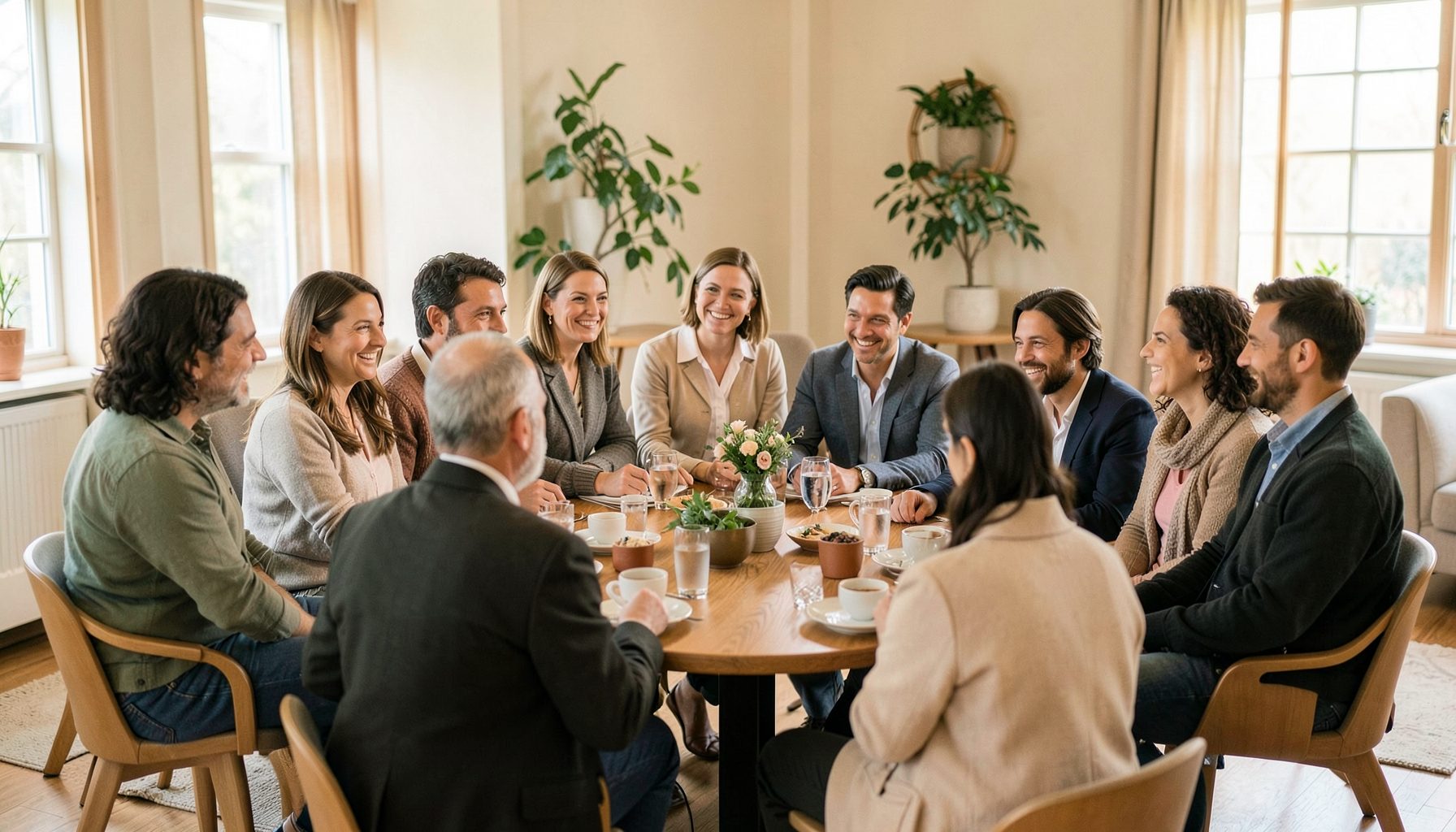 Groupe de personnes assises en cercle lors d'une réunion conviviale, tons de vert et de beige, ambiance chaleureuse