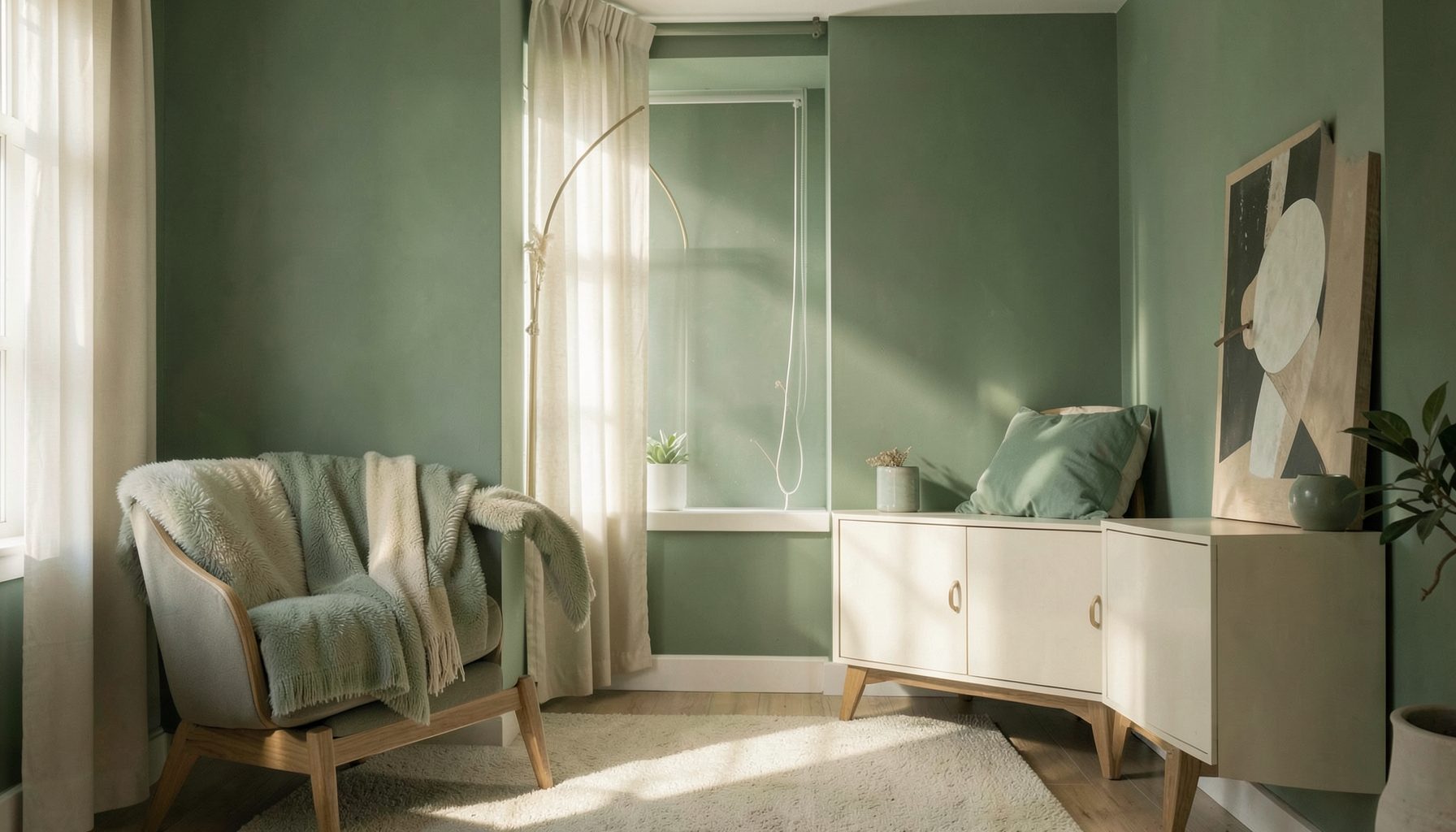Lumière douce et tamisée traversant un intérieur sobre aux tons verts et crème, ambiance calme et confidentielle.