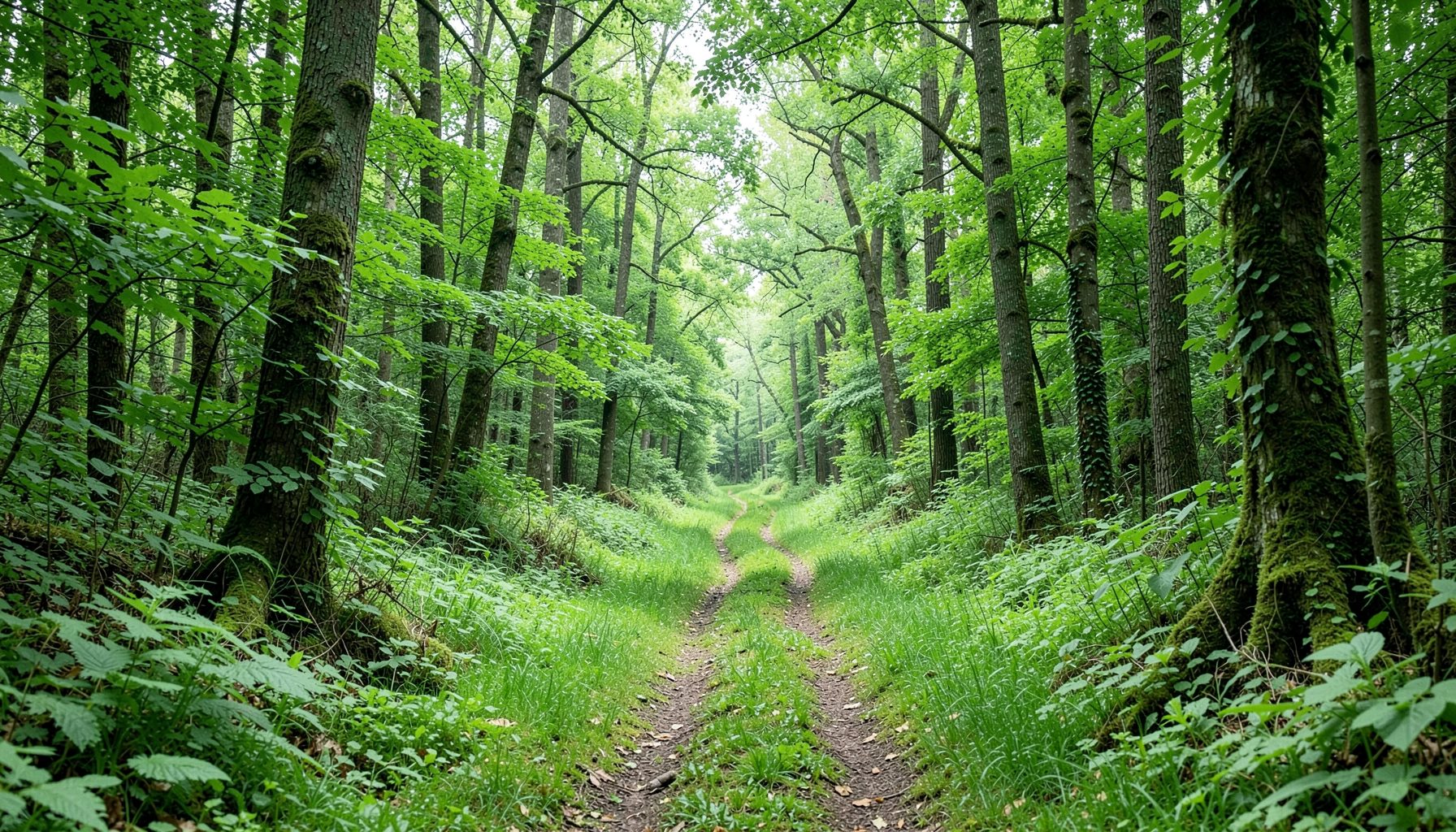 Chemin verdoyant traversant une forêt paisible dans des tons de vert forêt et vert tendre, ambiance calme et rassurante