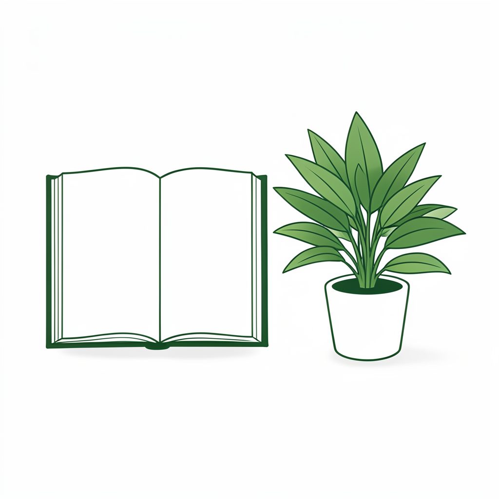 Illustration simple d'un livre ouvert et d'une plante verte posés côte à côte, style dessiné sobre en vert et blanc