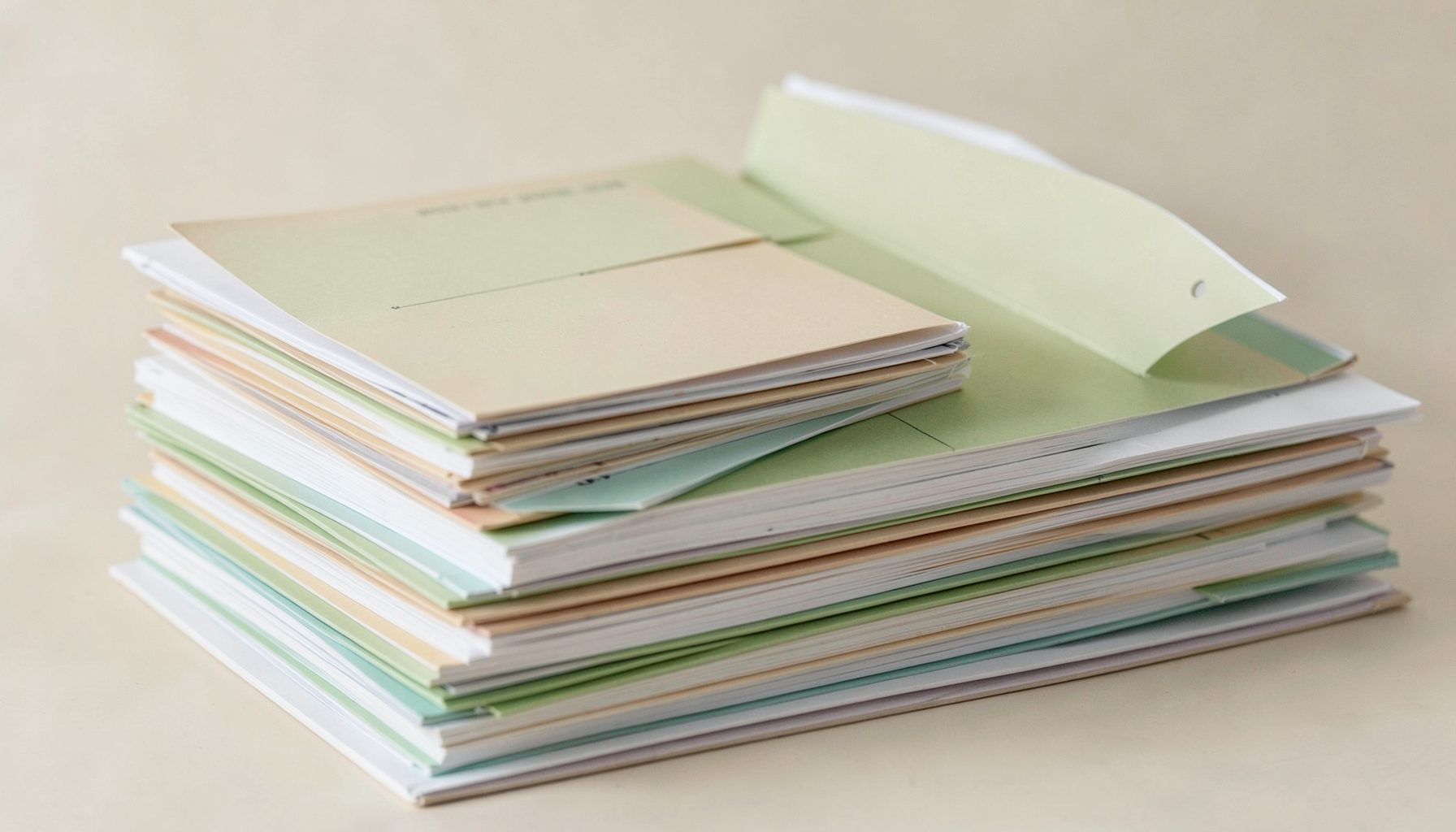 Pile de documents et dossiers rangés soigneusement, tons beige et vert clair