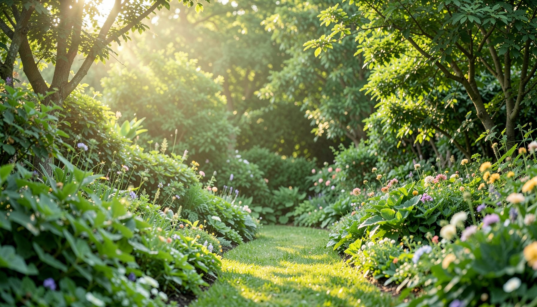 Vue apaisante d'un jardin verdoyant avec une lumière douce et chaleureuse, dans des tons de vert forêt et de vert tendre, évoquant le calme et la réflexion
